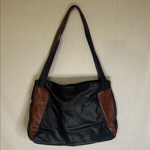 Vintage‎ TBE Genuine Leather Shoulder Bag Black Brown Panel Tote 90s